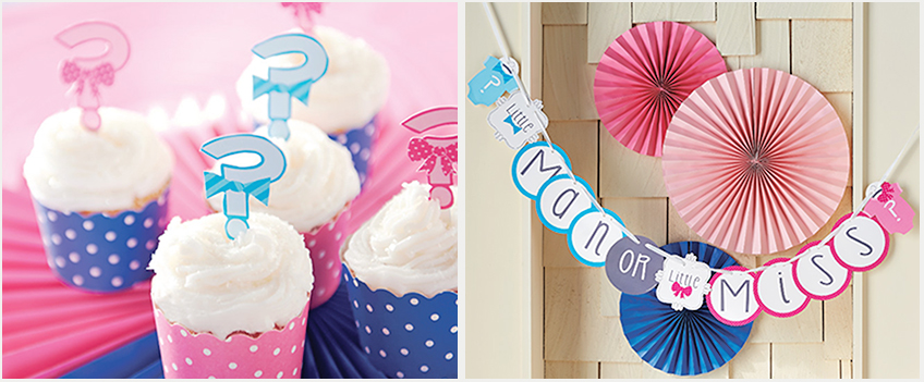 Cupcakes in Pink und Blau und ein Banner zur Gender Reveal