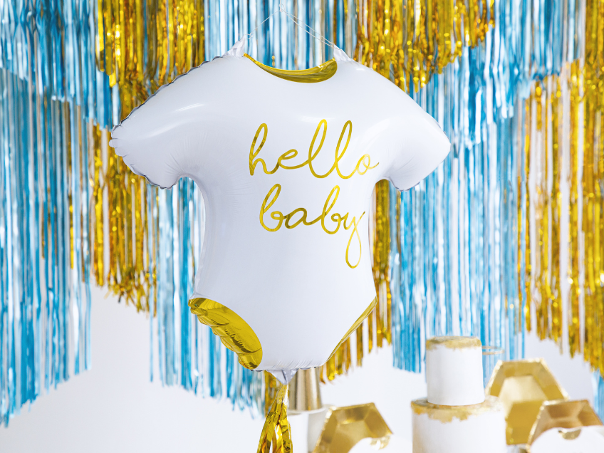 Der Babybody-Ballon "Hello Baby" schafft einen tollen Bezug zur (Welcome) Babyparty und Pullerparty