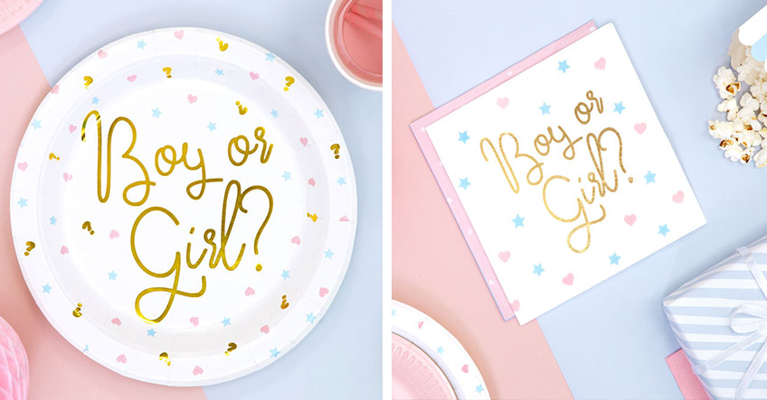 Mit den süßen Schriftzügen in Gold bleibt es auf deiner Gender Reveal Party spannend bis zum Schluss