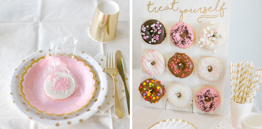 So kann ein Babyparty-Gedeck in Rosa aussehen - und die Donut Wall ist ein unkomplizierter Eyecatcher (c) nataschaslife