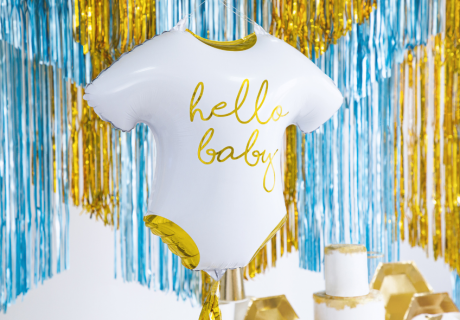 Der Babybody-Ballon "Hello Baby" schafft einen tollen Bezug zur (Welcome) Babyparty und Pullerparty