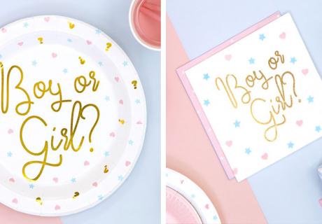 Mit den süßen Schriftzügen in Gold bleibt es auf deiner Gender Reveal Party spannend bis zum Schluss