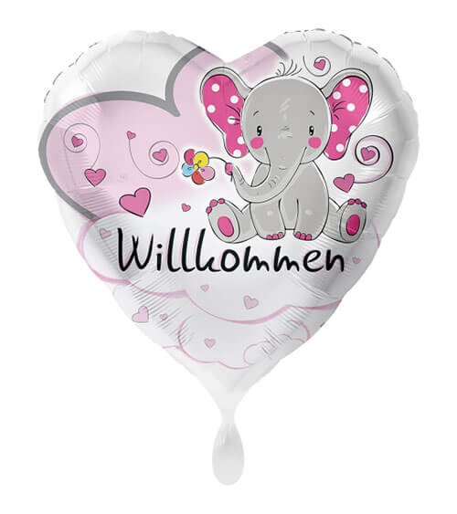 Herz-Folienballon mit Elefant "Willkommen" - rosa - 43 cm