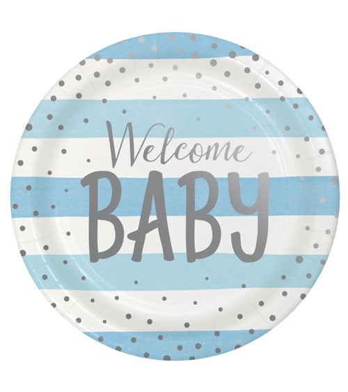 Pappteller "Hellblau und Silber" - Welcome Baby - 8 Stück