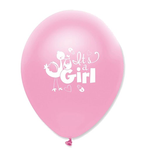 Luftballons "It's a Girl" mit Storch - 6 Stück