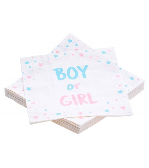 Pastellig gepunktete Servietten in zartem Hellblau und Rosa mit Herzen und Sternen sowie "BOY or GIRL" Aufdruck für süße Tischdeko zur Gender Reveal Party.