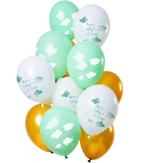 Luftballon-Set "Baby on the Way" - Mint, Weiß, Gold - 12-teilig