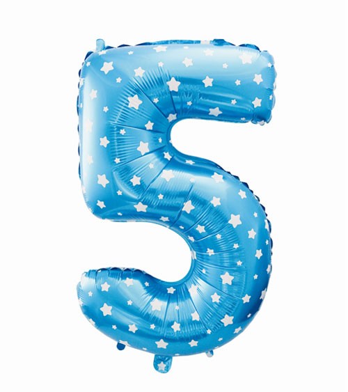 Folienballon Zahl "5" - blau mit Sternen - 61 cm