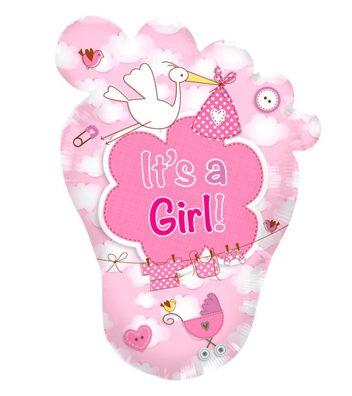 Babyfüßchen-Folienballon mit Storch "It's a Girl"
