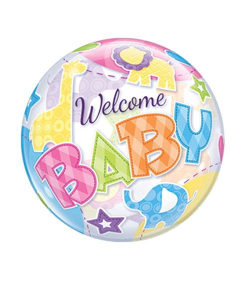 Kugelballon "Welcome Baby" mit bunten Zootieren - 56 cm