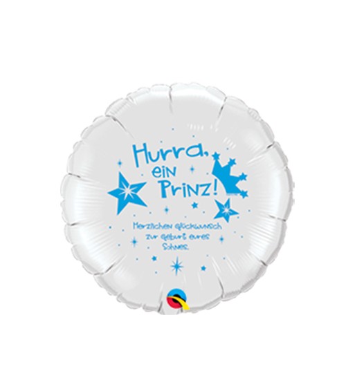Runder Folienballon "Hurra, ein Prinz!" - weiß/blau