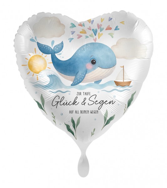 Herz-Folienballon mit Wal "Zur Taufe - Glück & Segen"