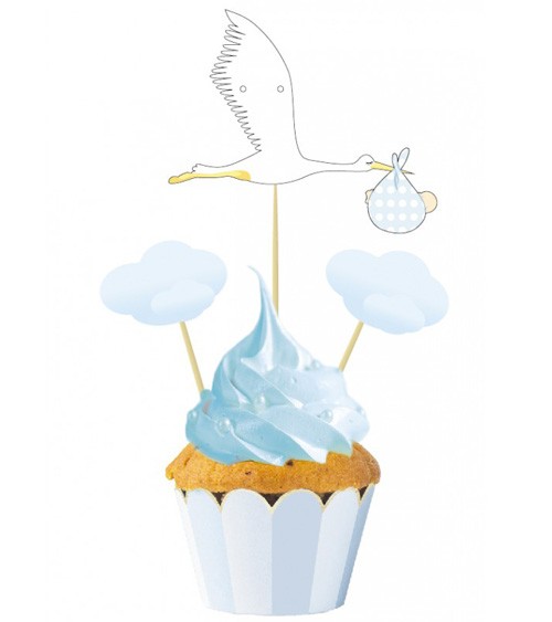 Cupcake-Picks "Storch und Wolken" - blau - 3-teilig