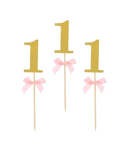 Cake-Picks mit rosa Schleife "1" - glitter gold - 10 Stück