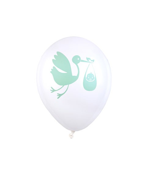 Luftballons "Storch mit Baby" - weiß/mint - 8 Stück