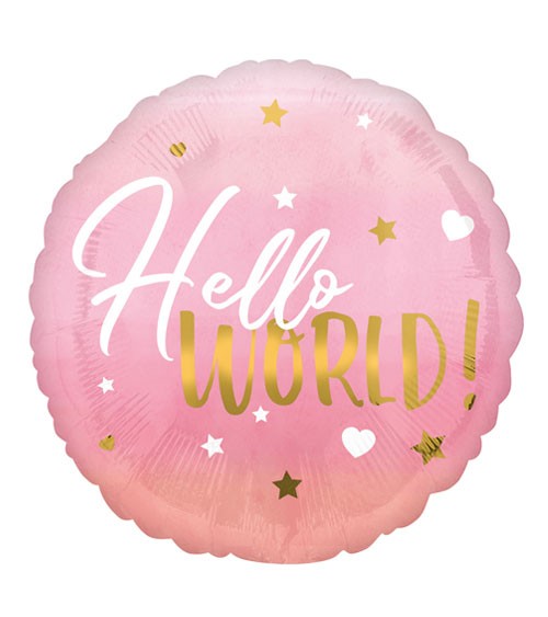 Runder Folienballon "Hello World!" - rosa & gold - 43 cm