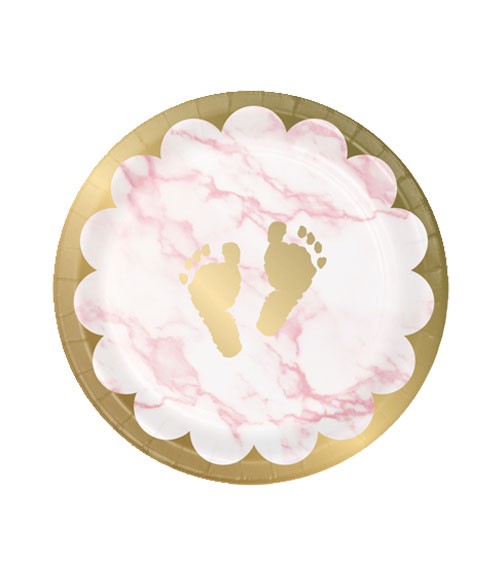 Kleine Pappteller "Marble" - Babyfüßchen - rosa - 8 Stück