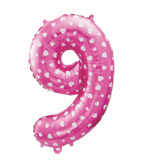 Folienballon Zahl "9" - pink mit Herzen - 61 cm