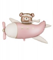 Supershape-Folienballon "Flugzeug mit Bär" - rosa - 111 x 81 cm