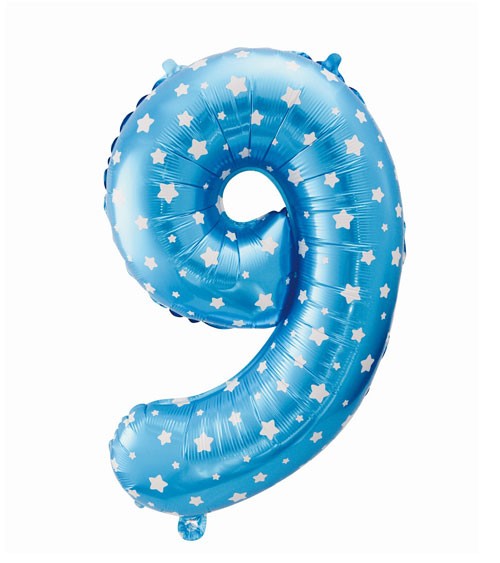 Folienballon Zahl "9" - blau mit Sternen - 61 cm