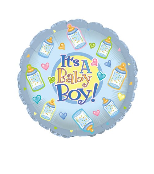 Runder Folienballon "It's a Baby Boy!" mit Babyfläschchen