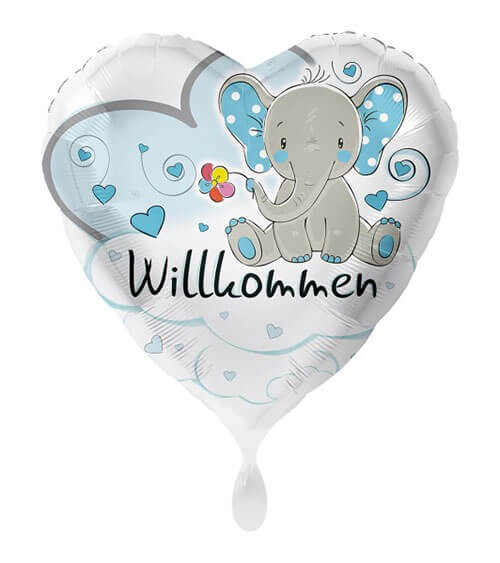 Herz-Folienballon mit Elefant "Willkommen" - blau - 43 cm