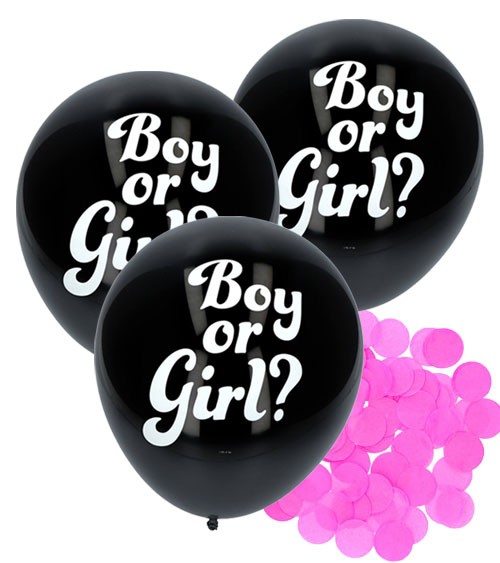 Schwarze Luftballons mit rosa Konfetti "Boy or Girl?" - 3 Stück