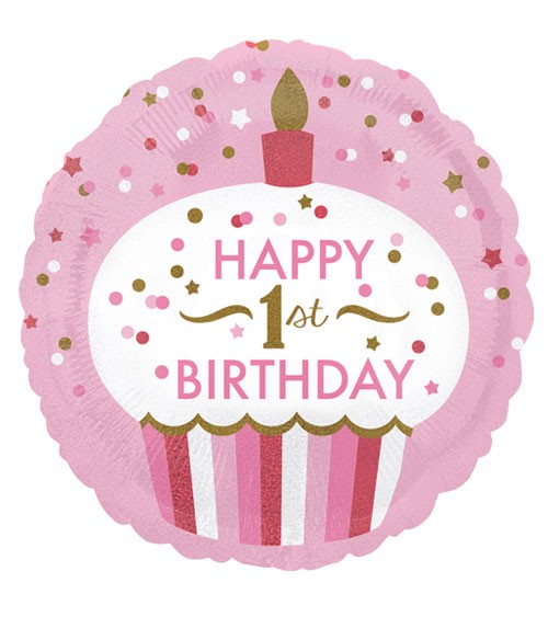Runder Folienballon Cupcake "Happy 1st Birthday" - rosa/gold
