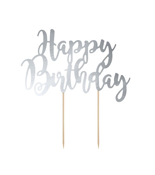 Tortenstecker aus Papier "Happy Birthday" - silber metallic