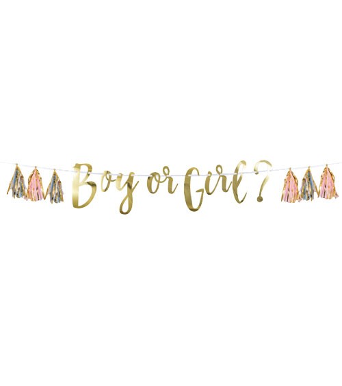 "Boy or Girl?"-Girlande mit Tasseln - rosa, hellblau & gold - 1,5 m