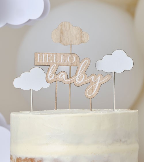 Tortendeko "Hello Baby" aus Holz mit Wolken - 4-teilig