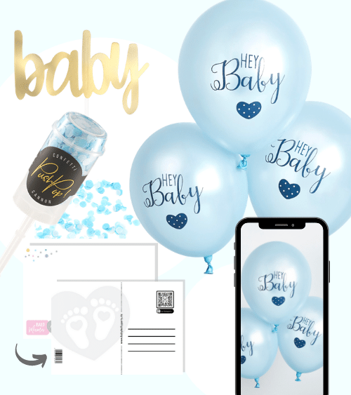 Virtuelle Babyparty Set mit Luftballons - hellblau - 9-teilig