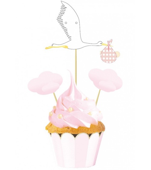Cupcake-Picks "Storch und Wolken" - rosa - 3-teilig