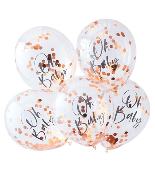 Transparente Ballons mit Konfetti "Oh Baby" - rosegold - 5 Stück