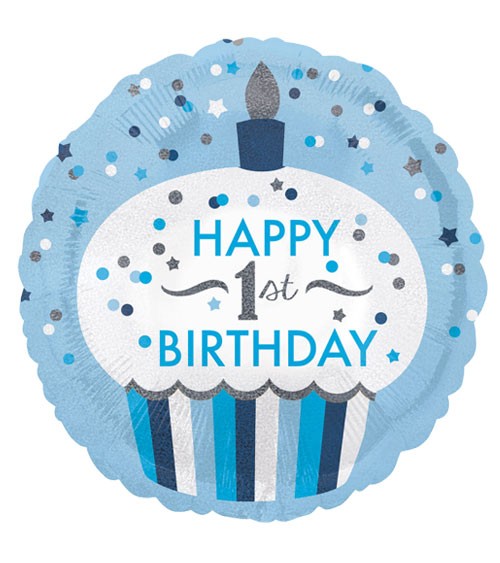 Runder Folienballon Cupcake "Happy 1st Birthday" - blau/silber