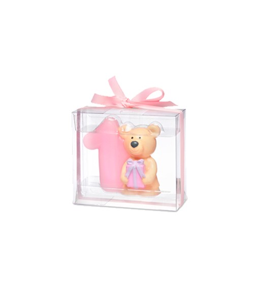 Kerze 1. Geburtstag mit Teddybär - rosa