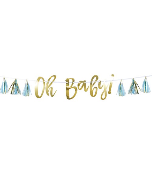 "Oh Baby"-Girlande mit Tasseln - hellblau & gold - 1,5 m