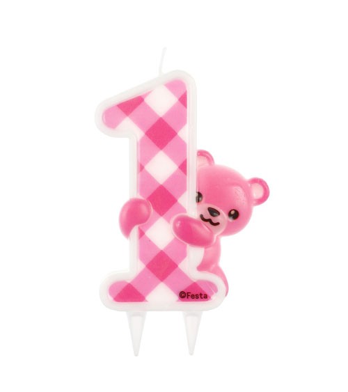 Zahlenkerze mit Teddybär "1. Geburtstag" - pink - 9,5 cm