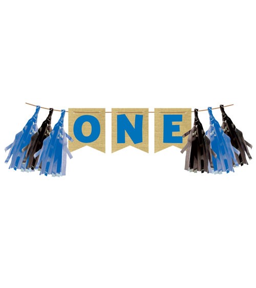 Jute-Girlande mit Tasseln "One" - blau & schwarz - 120 cm