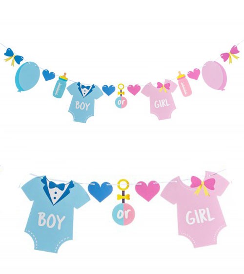 Tolle Motivgirlande mit süßen Baby-Motiven in zartem Rosa und Hellblau mit "Boy" "or" "Girl" Beschriftung als niedliche Raum-Deko zur Enthüllungsparty.