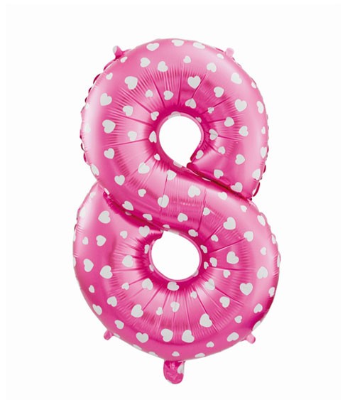 Folienballon Zahl "8" - pink mit Herzen - 61 cm