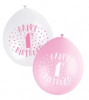 Luftballon-Set "Happy 1st Birthday" - rosa/weiss - 23 cm - 10 Stück