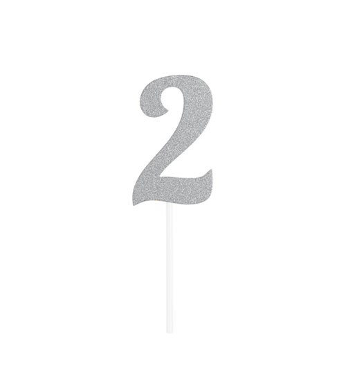Kuchen-Topper-Zahl aus Pappe "2" - glitter silber - 4,5 x 8 cm
