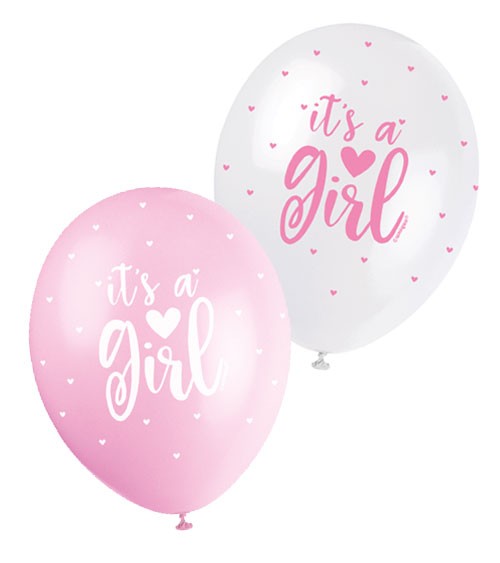 Perlmutt-Luftballon-Set "It's a Girl" - rosa/weiß - 30 cm - 5 Stück
