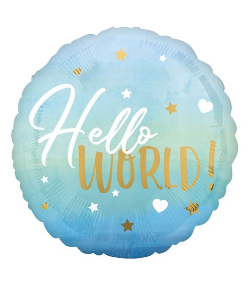 Runder Folienballon "Hello World!" - hellblau & gold - 43 cm