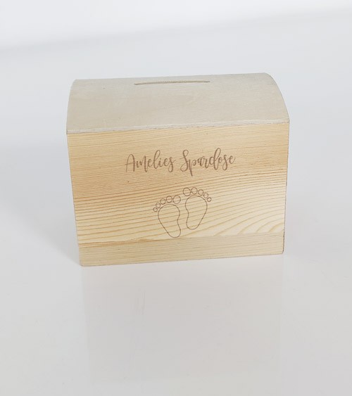 Deine Spardose "Füßchen" aus Holz - Wunschtext - 10 x 8 x 7 cm