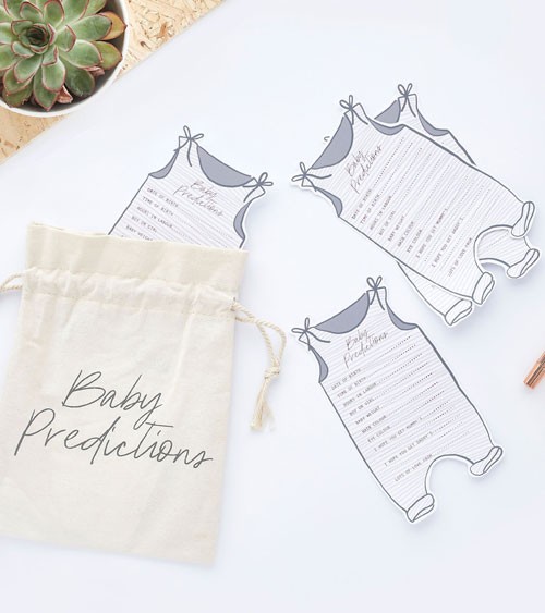 Babyparty-Spiel "Baby Predictions" - mit Stoffbeutel - 21-teilig