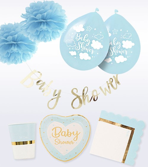 Babyparty Deko-Set "So sweet" - pastellblau - 43-teilig