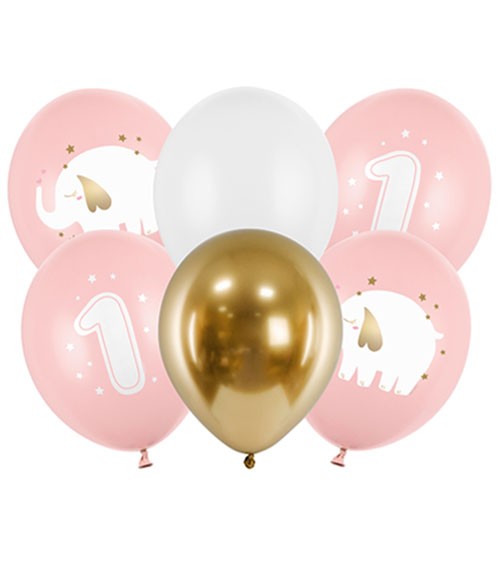 Luftballon-Set "One Year" - Farbmix rosa & gold - 30 cm - 6-teilig