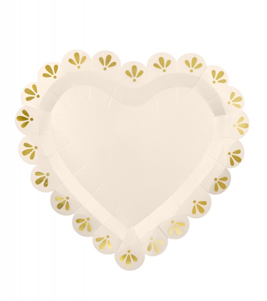 Herz-Pappteller - creme & gold - 6 Stück